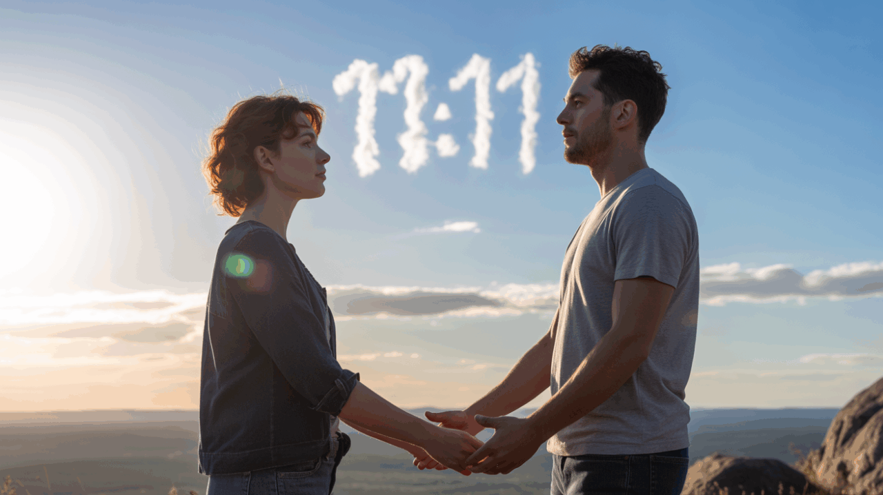 Deux personnes observant le ciel au coucher du soleil où les nuages suggèrent subtilement 11h11, représentant une connexion profonde et naturelle.