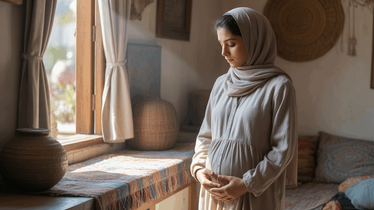 Femme musulmane réaliste près d’une fenêtre en lumière naturelle, posant les mains sur son ventre dans une atmosphère paisible évoquant espoir et bénédiction.