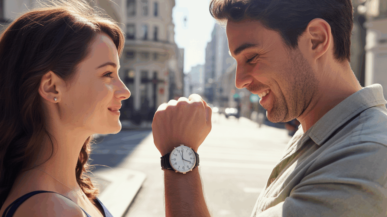 Un couple réaliste partage un moment d’harmonie amoureuse en pleine rue, observant une montre indiquant 12h12, dans une scène naturelle et authentique.