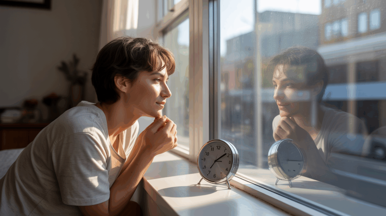 Personne pensive près d une fenêtre au lever du jour observant une horloge affichant une heure miroir dans une scène réaliste et chaleureuse.
