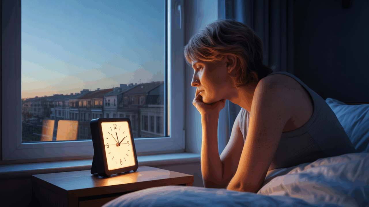 Scène réaliste d’une personne observant une heure miroir la nuit près d’une fenêtre avec une lumière chaleureuse et une vue urbaine authentique.