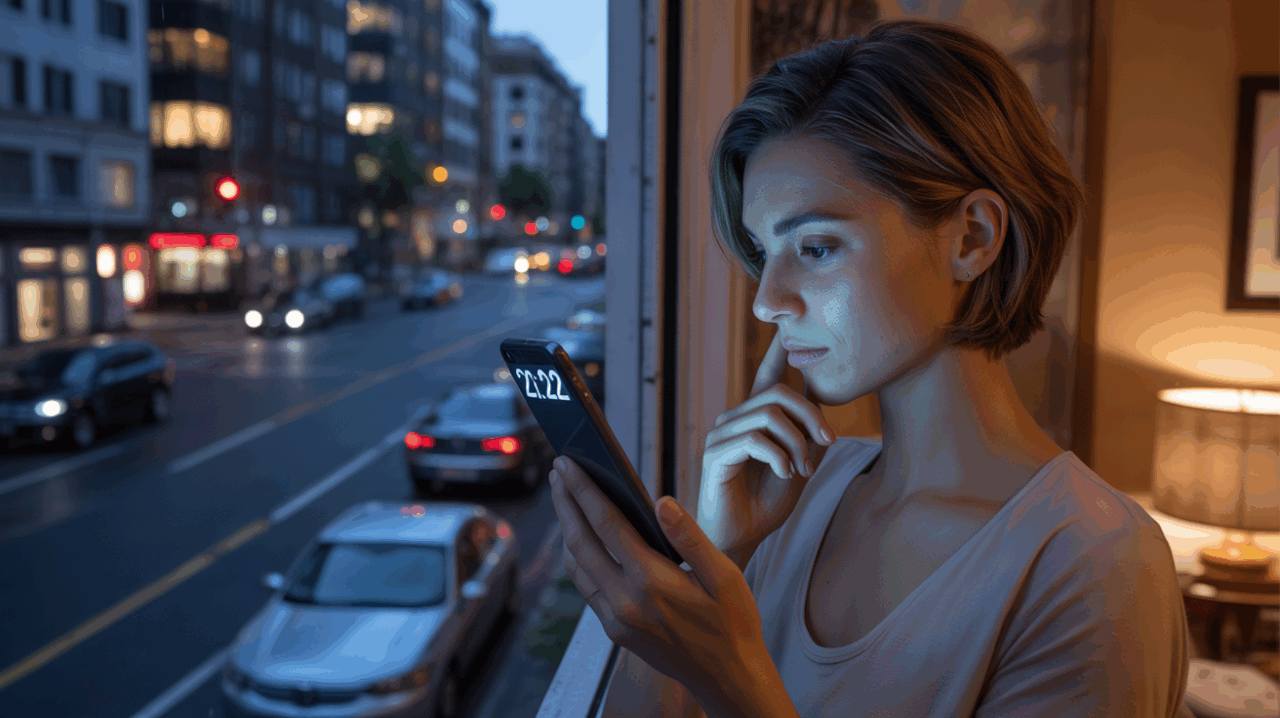 Personne réaliste regardant son téléphone affichant 22h22 près d’une fenêtre donnant sur une rue de ville authentique la nuit, avec une ambiance mystérieuse et naturelle.