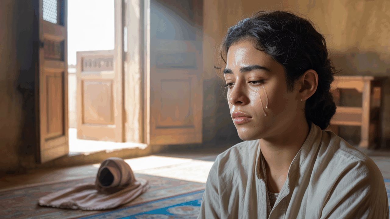 Personne musulmane assise dans une pièce ensoleillée après la prière, montrant une libération émotionnelle avec des larmes légères et une ambiance sereine.