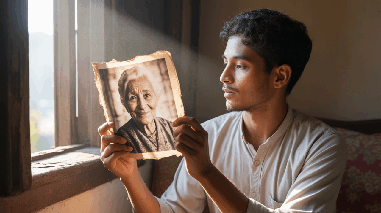 Un jeune adulte musulman assis dans un salon réaliste à l’aube, tenant une vieille photo de sa grand-mère décédée, éclairé par une lumière douce et chaleureuse.