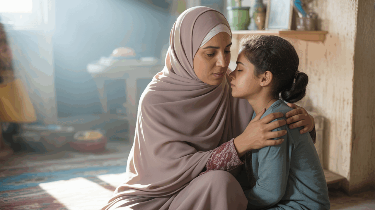 Une mère musulmane réconfortant tendrement son enfant adulte dans un intérieur chaleureux et réaliste, symbolisant protection et amour.
