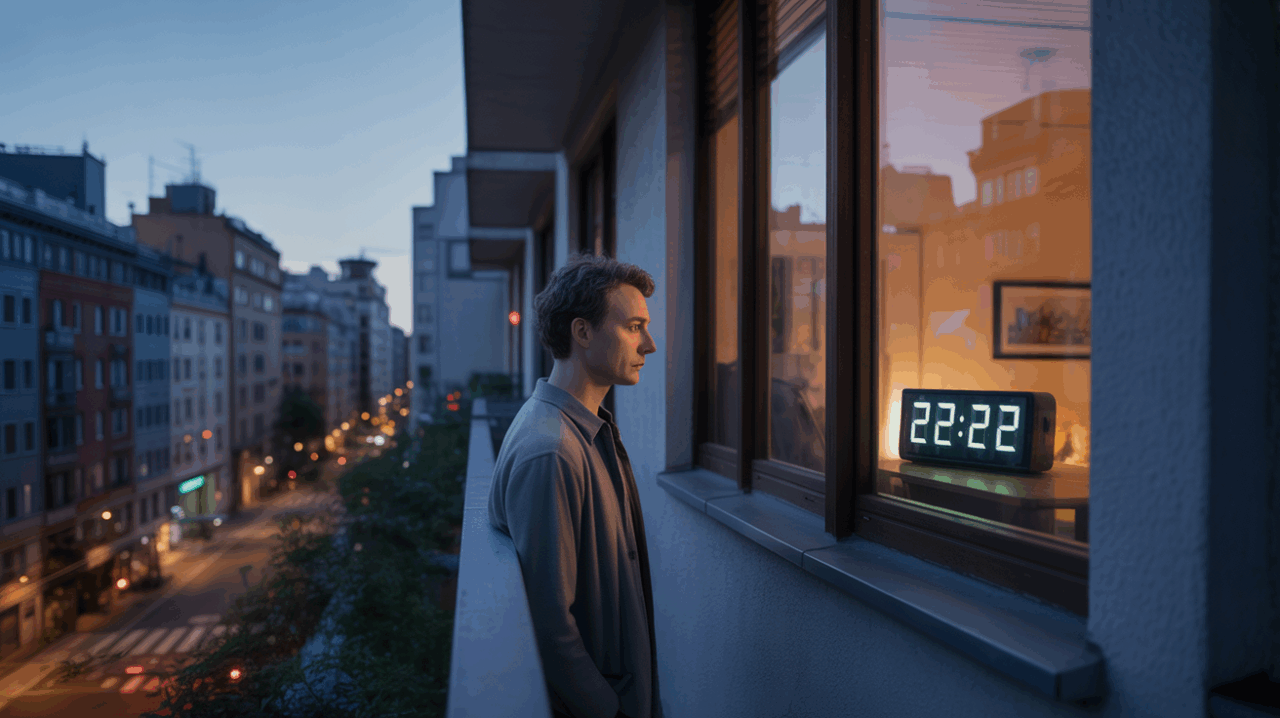 Scène nocturne réaliste montrant une personne observant l’heure 22h22 depuis un balcon avec une vue authentique sur la ville.
