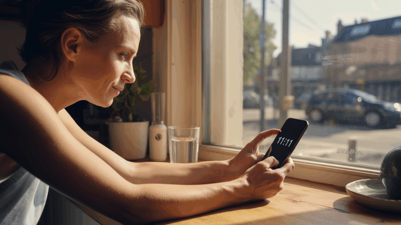 Personne regardant son téléphone affichant 11h11 dans une cuisine ensoleillée, scène réaliste et naturelle évoquant un moment de synchronicité.