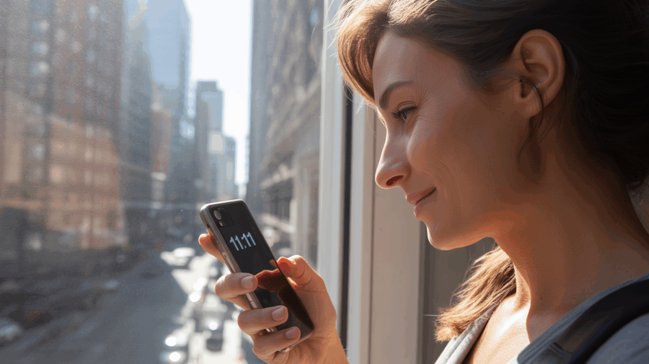 Personne regardant l’heure 11h11 sur son téléphone près d’une fenêtre avec lumière naturelle dans une scène urbaine réaliste
