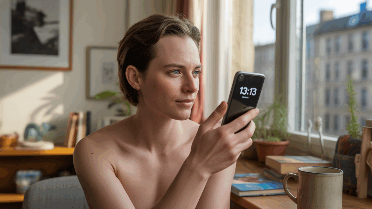 Personne assise près d’une fenêtre l’après-midi regardant un téléphone affichant 13h13 dans un intérieur réaliste et chaleureux.
