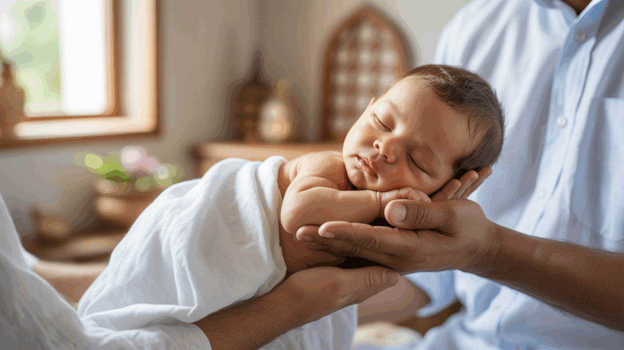 Nouveau-né dormant paisiblement dans les mains d’un parent dans un intérieur authentique du Moyen-Orient, baigné d’une lumière naturelle douce.