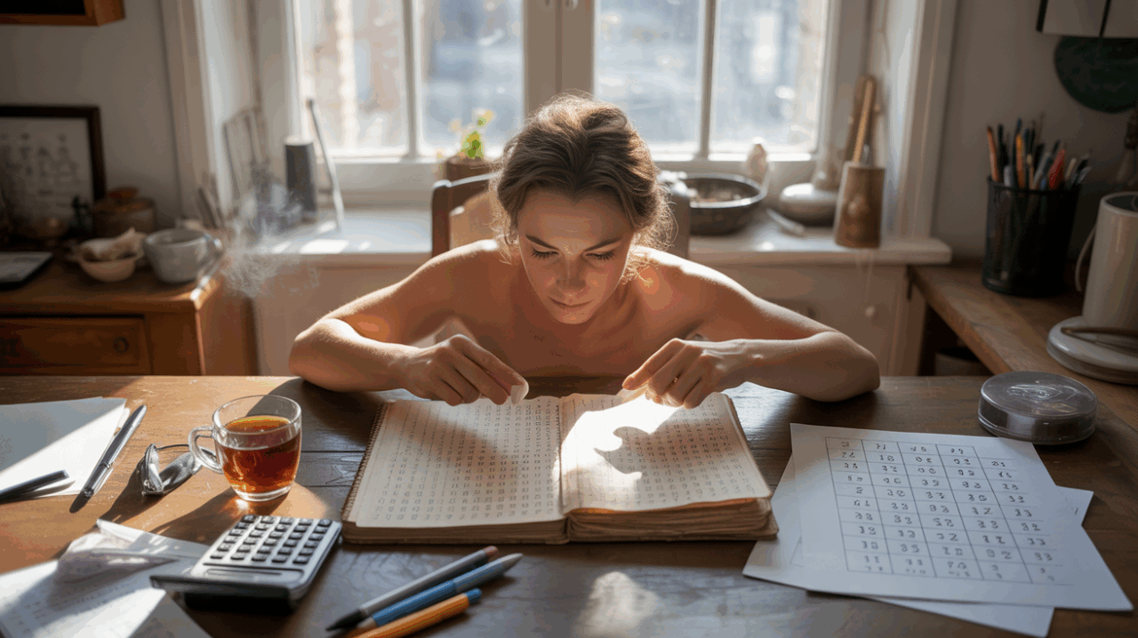 Scène réaliste d’une personne étudiant des notes de numérologie dans un appartement lumineux et authentique.