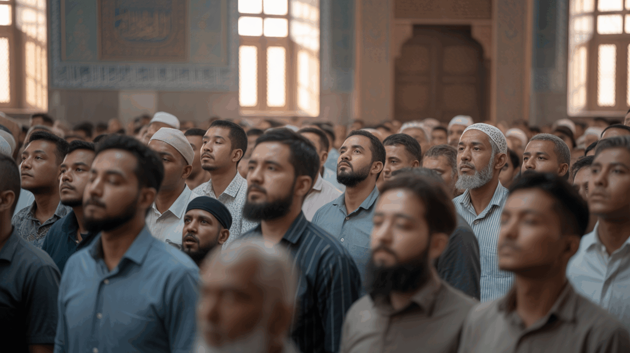 Scène réaliste de fidèles musulmans priant ensemble dans une mosquée authentique, baignée d’une lumière naturelle et chaleureuse.