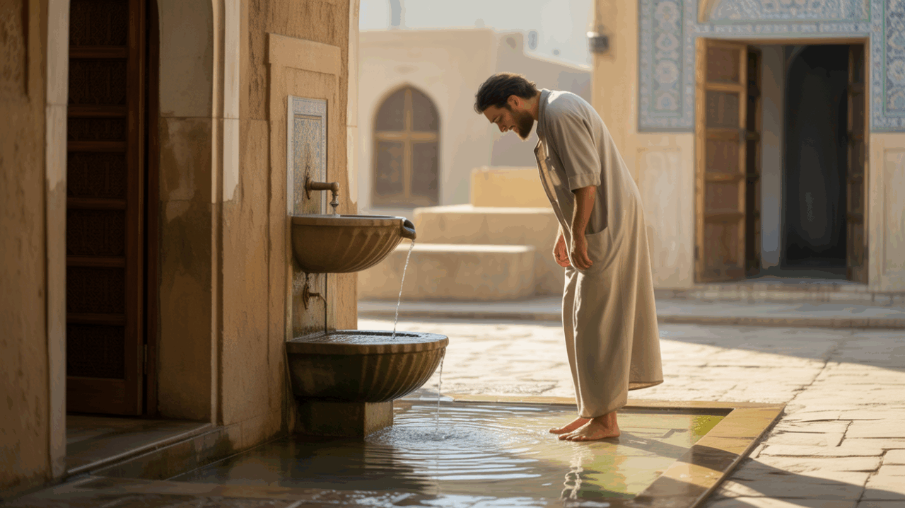 Scène réaliste d’un homme au lever du soleil près d’une fontaine traditionnelle symbolisant une purification spirituelle en Islam.