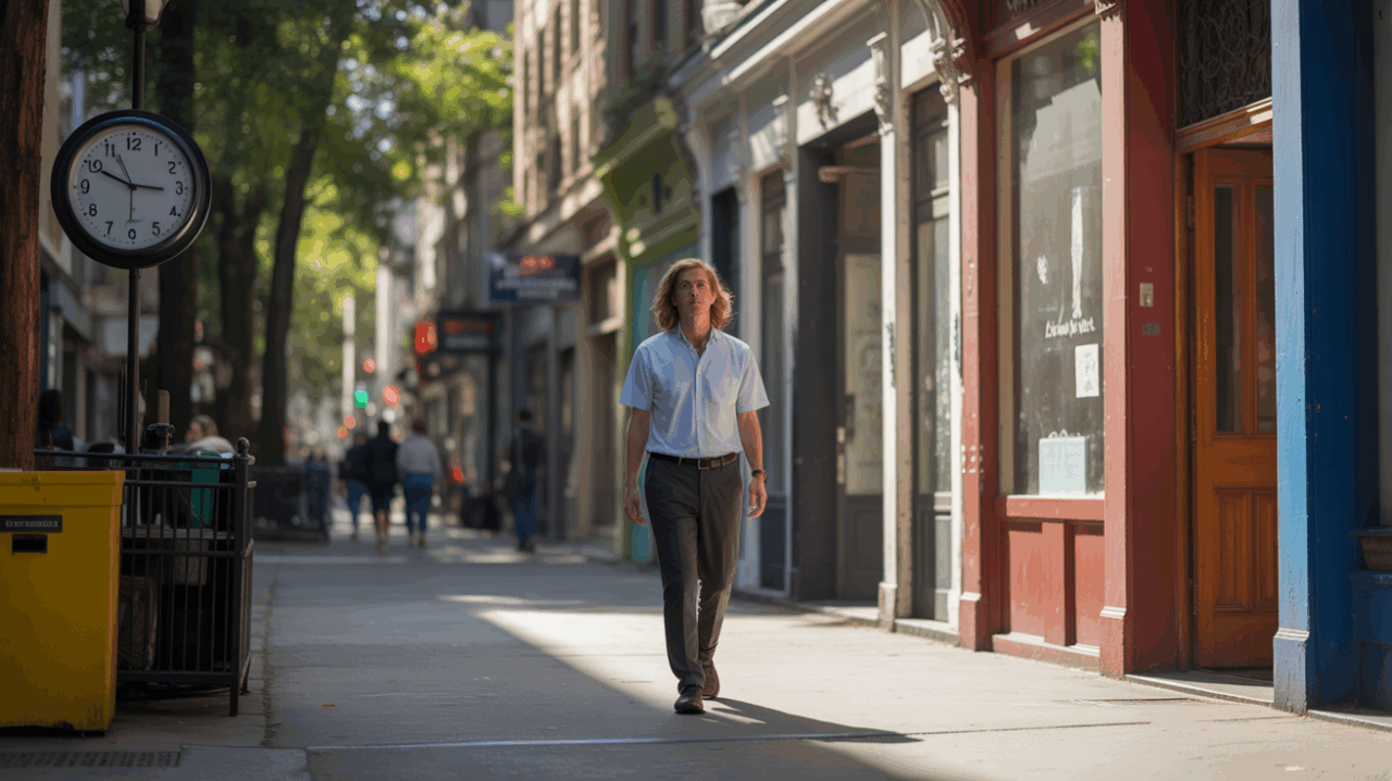 Scène de rue réaliste en fin de matinée montrant une personne célibataire marchant dans un environnement urbain lumineux, suggérant une rencontre proche.