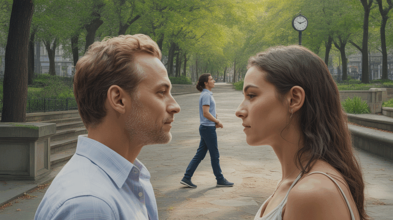 Scène réaliste dans un parc urbain où deux personnes se croisent et ressentent une connexion profonde, avec une horloge indiquant 13h13 et une atmosphère de renouveau.
