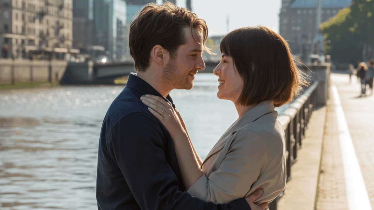 Couple réaliste retrouvant une connexion émotionnelle au bord d’une rivière au coucher du soleil, dans une scène naturelle et chaleureuse.