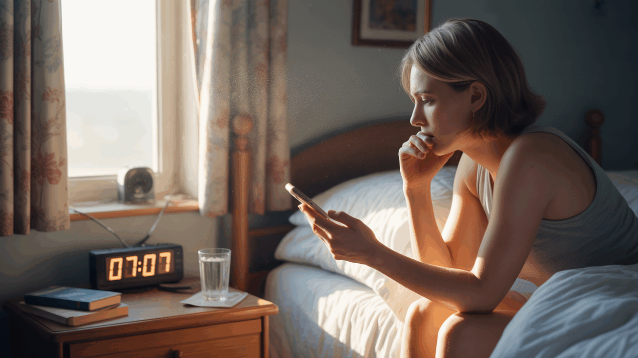 Scène matinale réaliste montrant une chambre baignée de lumière douce à 07h07, évoquant un réveil émotionnel et sentimental.