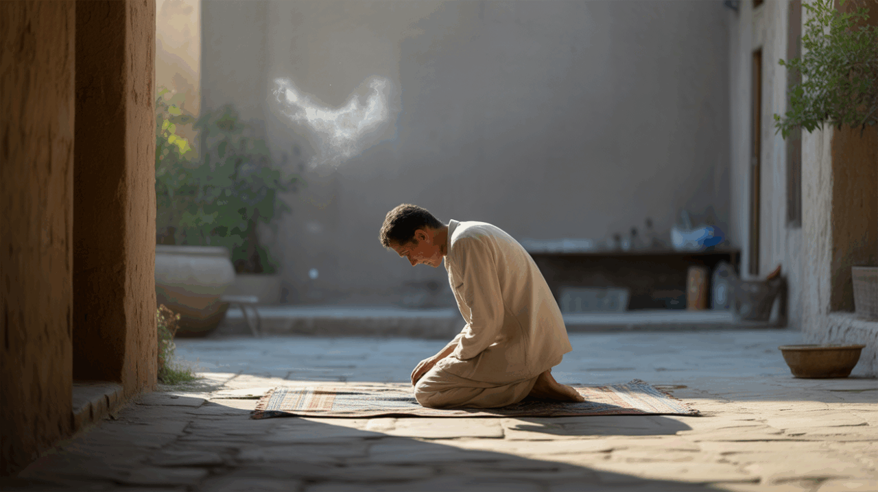 Scène réaliste d’une personne en prière à l’aube dans une cour authentique, représentant une connexion spirituelle en Islam.