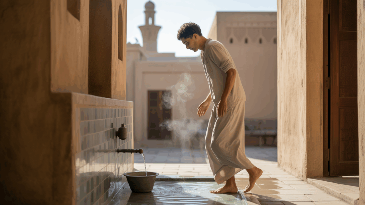 Cour intérieure réaliste au lever du soleil montrant une scène de purification évoquant le soulagement spirituel en Islam.