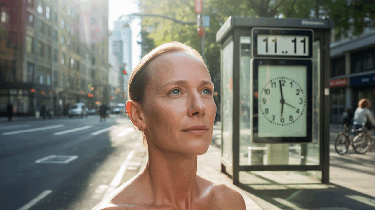 Personne observant une horloge affichant 11h11 dans une rue urbaine réaliste au lever du soleil, symbolisant éveil de conscience et synchronicité.