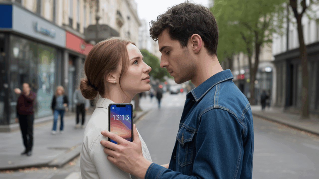 Un couple réaliste dans une rue urbaine, partageant un moment intime qui évoque une transformation amoureuse, avec un smartphone affichant 13h13.