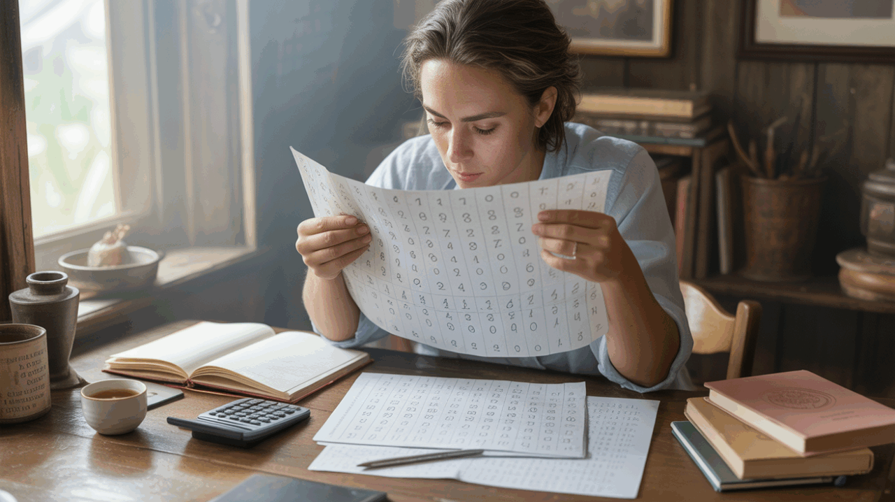 Personne analysant des notes et des chiffres à une table en lumière naturelle, scène réaliste représentant une réflexion personnelle liée à la numérologie.