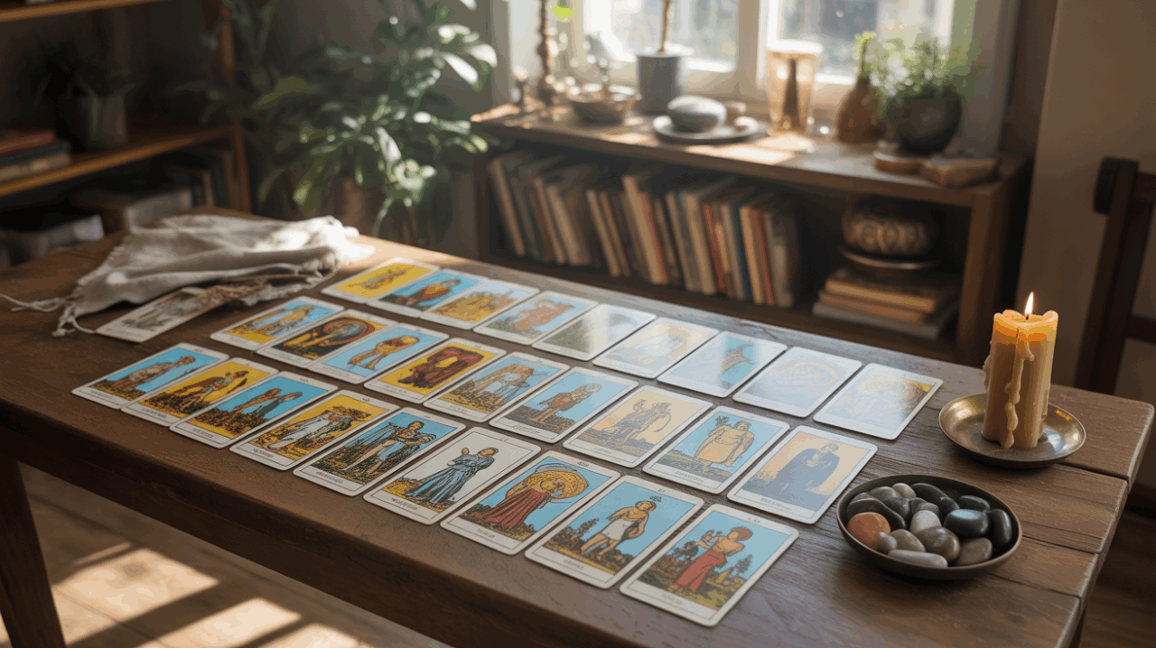 Scène réaliste montrant un ensemble des 22 arcanes majeurs du tarot disposés sur une table ancienne avec lumière naturelle.