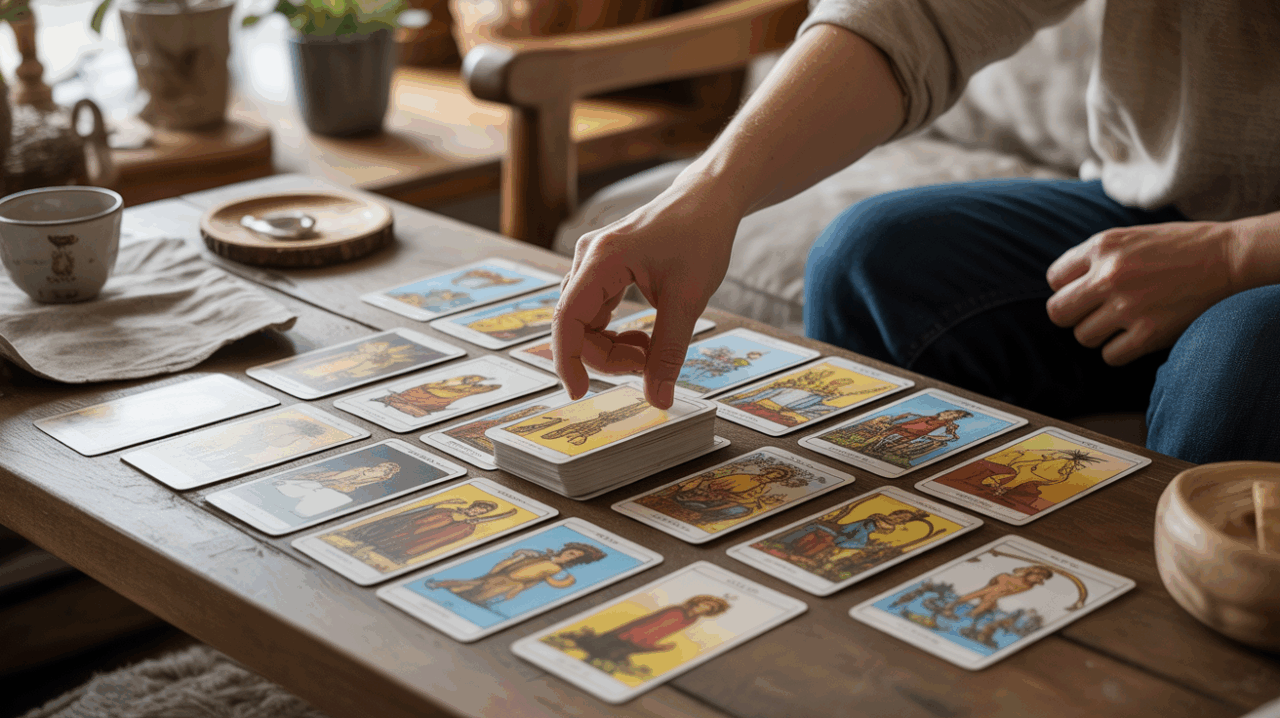 Scène réaliste montrant des cartes des arcanes mineurs du tarot étalées sur une table en bois avec une main humaine les consultant et des objets du quotidien autour.