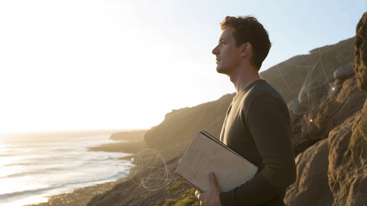 Scène réaliste d'un chercheur contemplatif sur une falaise au lever du soleil, symbolisant la profondeur et l'intuition du chiffre 7 en numérologie.