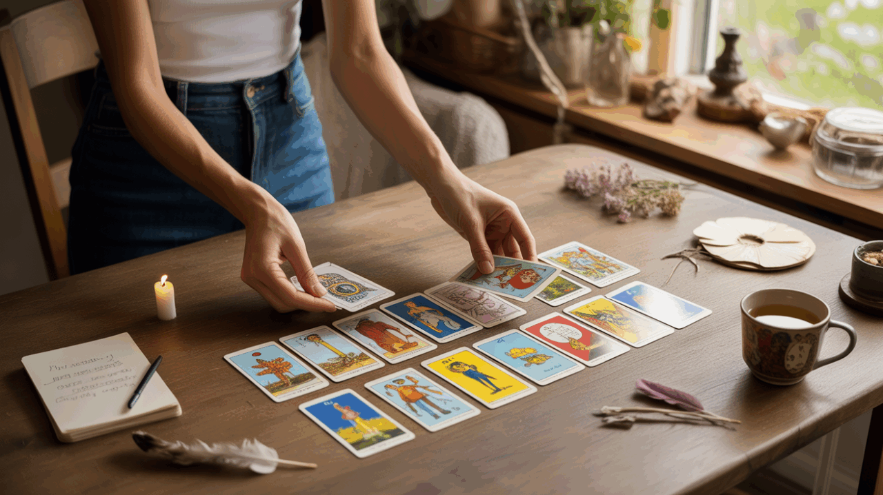 Scène réaliste montrant des mains disposant plusieurs cartes de tarot sur une table en bois éclairée par la lumière du jour.