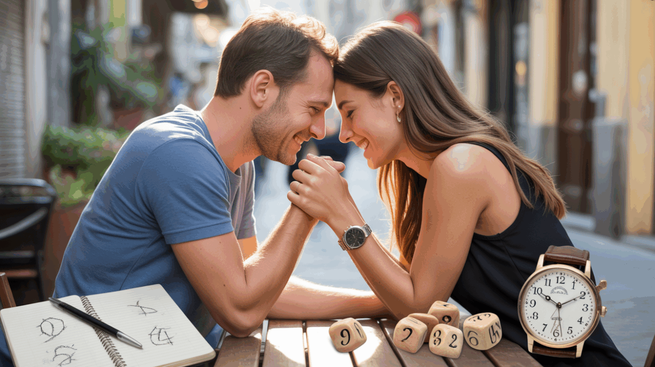 Couple réaliste partageant un moment intime dans un café en plein air avec des éléments subtils liés à la numérologie.