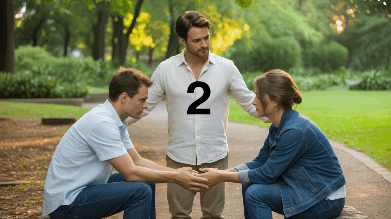 Scène réaliste dans un parc où une personne joue le rôle de médiateur entre deux individus, symbolisant l’harmonie et la diplomatie du chiffre 2 en numérologie.