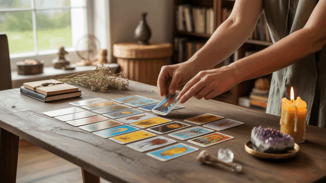Table de tarot réaliste avec cartes étalées, lumière naturelle, mains humaines et objets authentiques de divination.