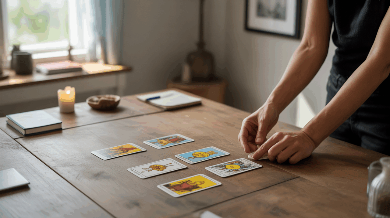 Scène réaliste d’un tirage de tarot en croix à cinq cartes sur une table en bois, éclairée par une lumière naturelle, avec des détails authentiques et une ambiance introspective.