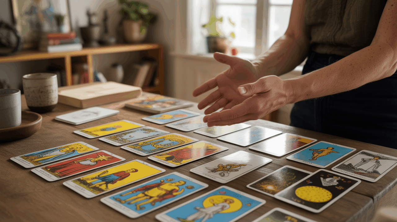 Scène réaliste montrant un tirage du Tarot de Marseille sur une table en bois, éclairée naturellement, avec des cartes légèrement usées et une atmosphère authentique.