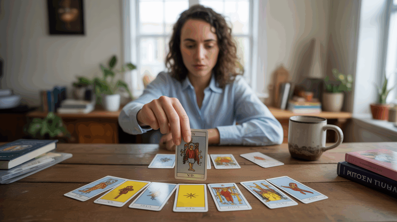 Scène réaliste d’une personne tirant une carte de tarot sur une table en bois dans un intérieur naturel et lumineux.