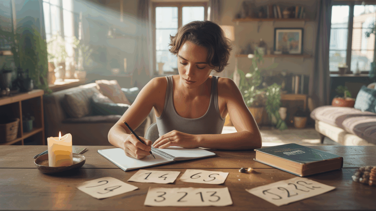 Personne réaliste écrivant son prénom dans un carnet entouré d’éléments subtils liés à la numérologie dans une pièce éclairée naturellement.